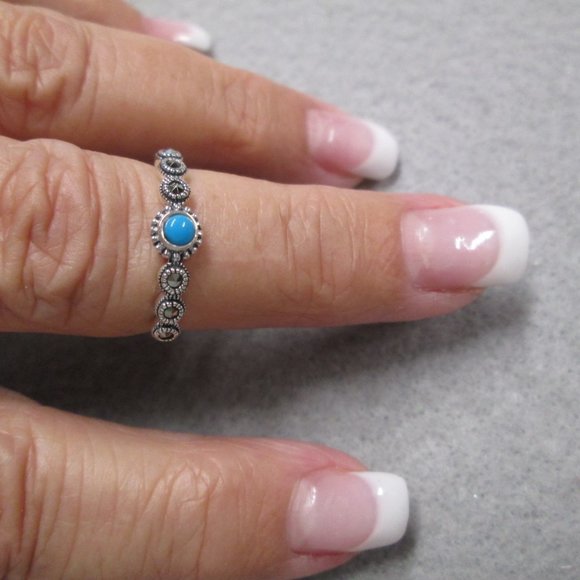 TURQUOISE & MARCASITE 925 Sterling Silver Ring> Dainty, Promise,Love,Non Tarnish - Picture 6 of 6